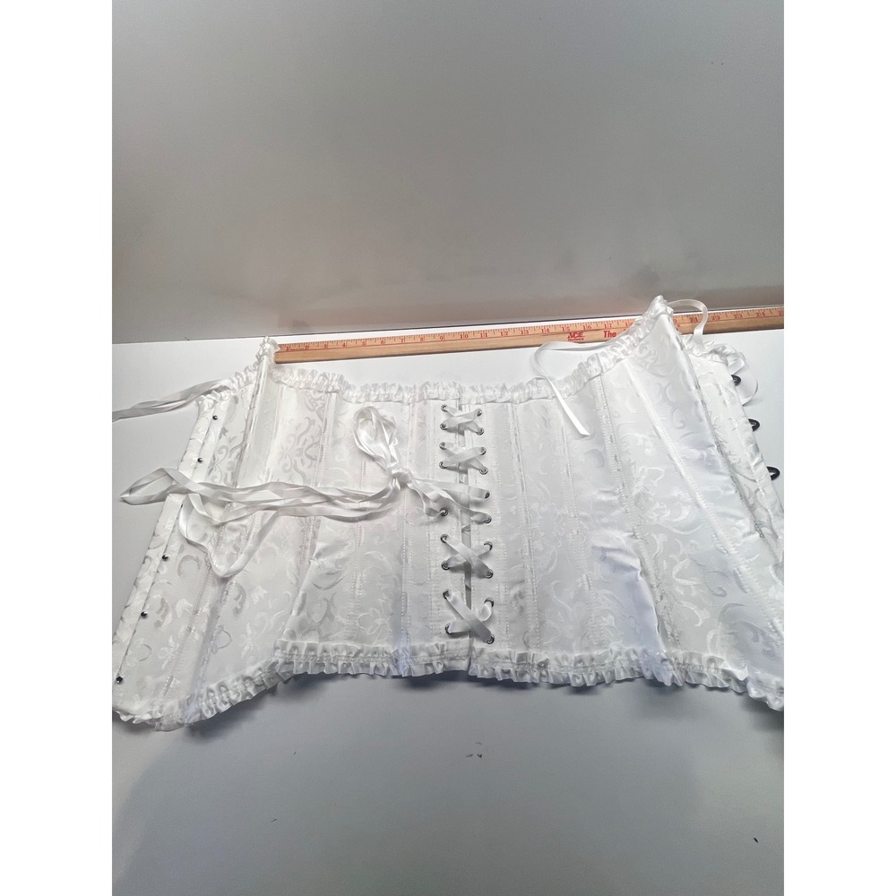 White Brocade Corset Bustier Lace Trim Ribbon Tie Boned Cincher Wtchycore Small - Picture 5 of 7